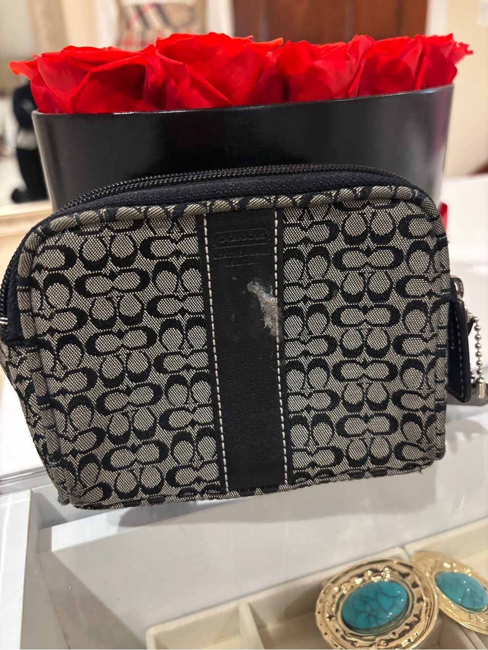 Coach Black and Ivory Signature Cosmetc Pouch with Center Leather Trim